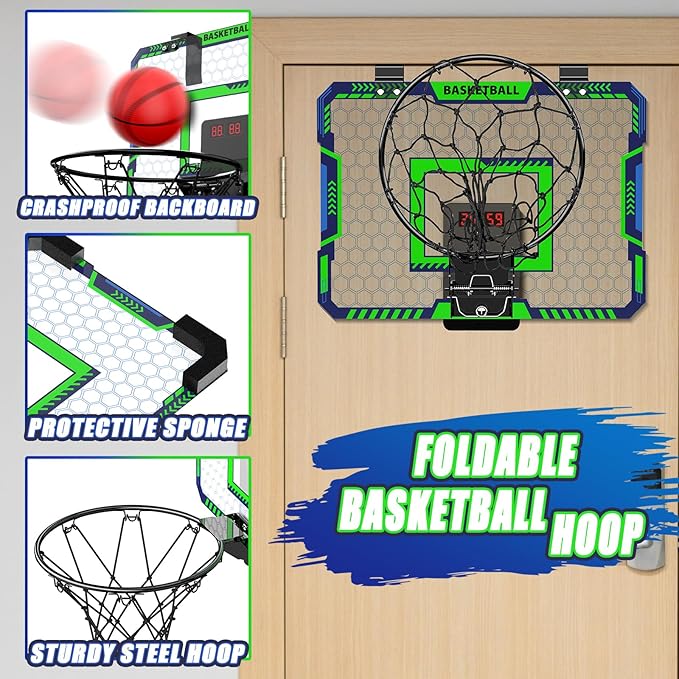 Indoor Basketball Hoop for Kids, Over The Door Mini Basketball Hoop with Scoring & Countdown, Remote Control, 3 Balls & Sound Effects, Birthday & Christmasl Toys Gifts for 4-12 Year Old Girls Boys