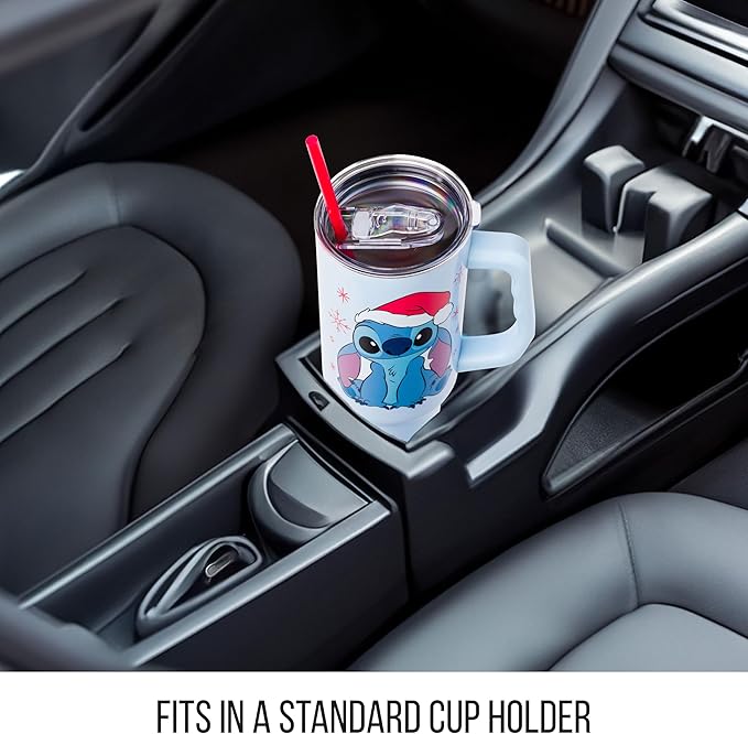 Silver Buffalo Disney Lilo and Stitch Christmas Holiday Santa Hat and Snowflakes Double Walled Stainless Steel Tumbler with Handle and Straw, Fits in Standard Cup Holder, 40 Ounces