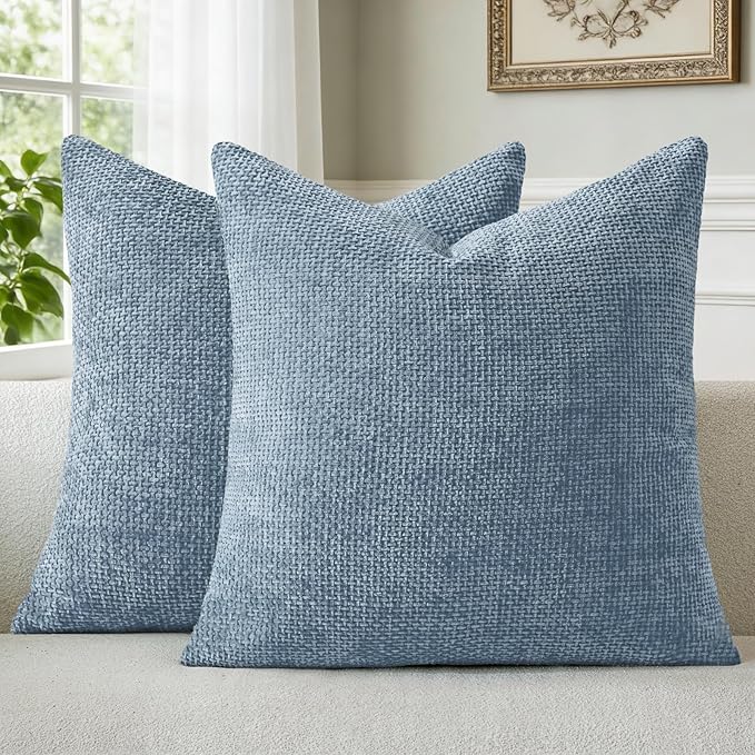 a moment Blue Chenille Throw Pillow Covers 24x24 Inch Pack of 2 Modern Decorative Throw Pillow Cases Farmhouse Cross Covers Modern Home Decor for Sofa Bedroom Living Room