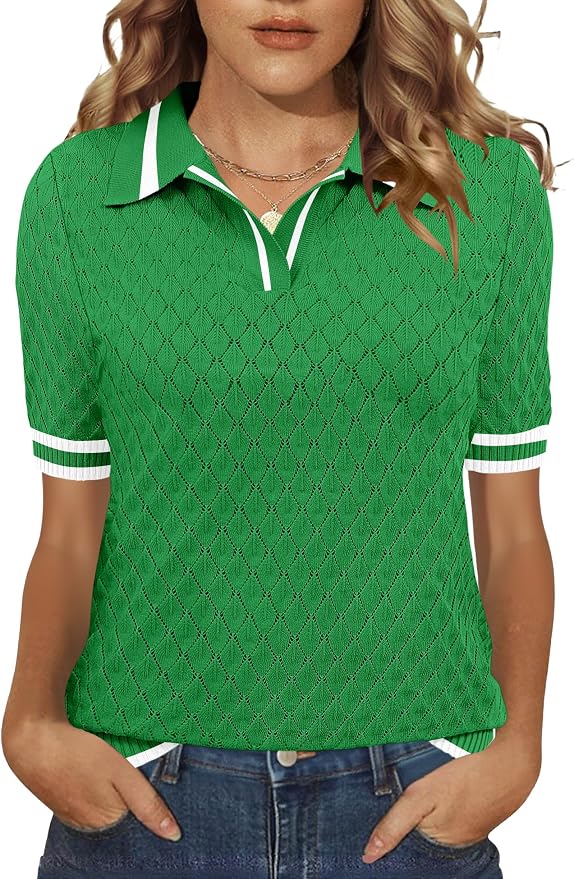Rapbin Womens Short Sleeve Knit Polo Shirts Summer Spring Sweater Tops | Classic V Neck Collared Shirts Lightweight Business Casual Basic Fashion Pullover Polo Sweater for Work Formal Daily Wear