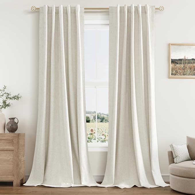 Guken 100% Blackout Linen Curtains for Bedroom 84 Inches Long Natural Cream Black Out Curtain Back Tab Thermal Insulated Room Darkening Window Drapes for Living Room 2 Panels Beige Ivory 42x84