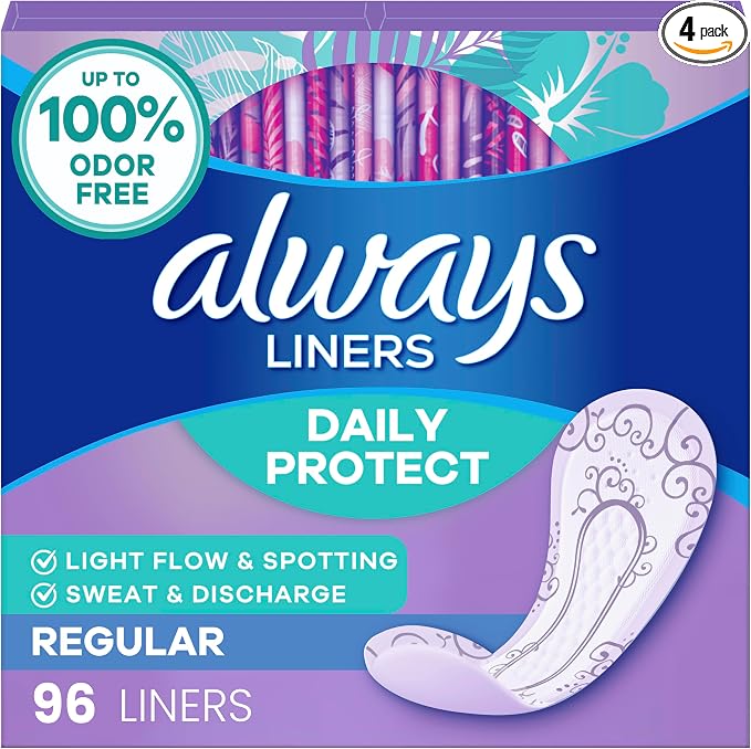 Always Daily Protect Liners, Regular Length, Unscented, 382 Count Total (96 Count x 4 Packs)