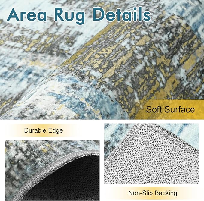 8x10 Ft Large Area Rugs for Living Room, Soft Non-Slip Washable Rugs Modern Abstract Pattern Carpet for Bedroom Indoor Floor Nursery Home Decor (Blue)