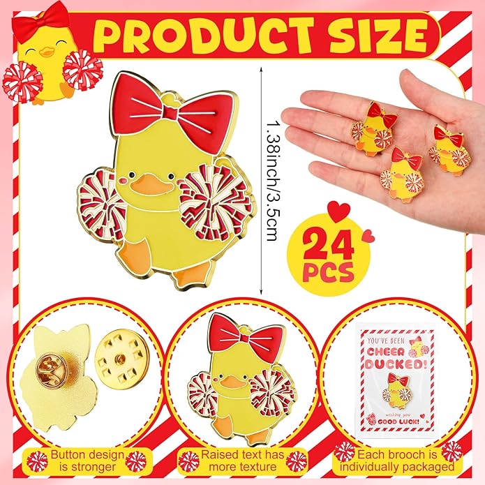 Quelay 24 Pack Cheer Team Gifts Bulk Cheerleader Duck Pins Brooches You've Been Cheer Ducked Tags Team Inspirational Gift Accessories for Teammates