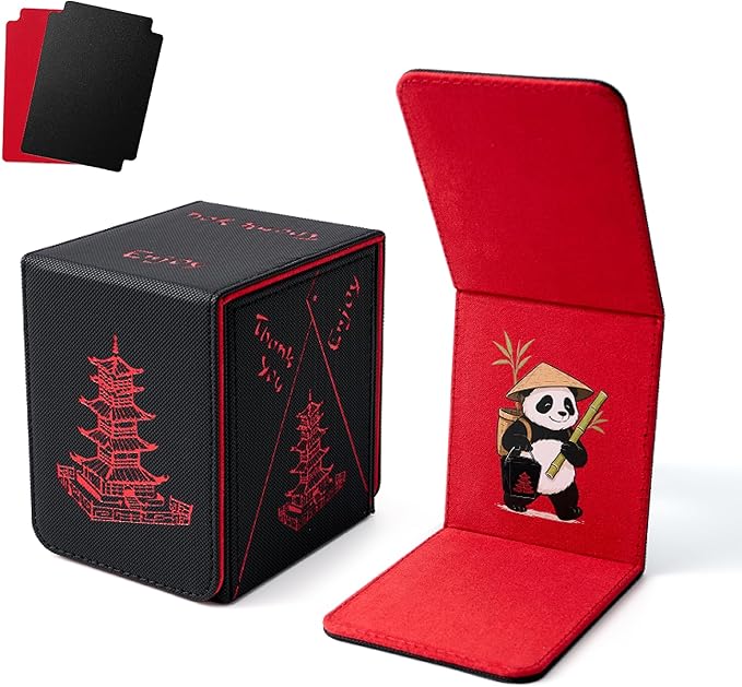 Venssu Chinese Takeout MTG Deck Box, Commander Deck Case Fits 100 Double Sleeved Cards, PU Leather Storage Box with 2 Dividers, Compatible with TCG/PTCG/EDH/Magic/Sport Cards (Black and Red)