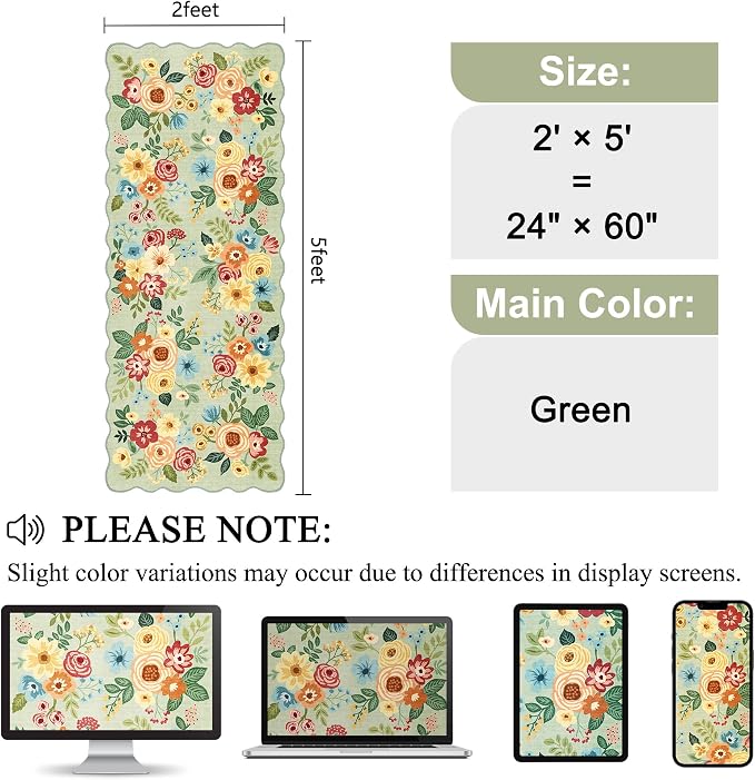 DUKINO 2x5 Washable Runner Rug, Floral Non Slip Rug for Kitchen, Green | Soft, Low Pile, Non-Shedding Throw Rug Runner for Hallway, Entryway, Bedroom, Bathroom, Pet Friendly, Home Decor, Lightweight