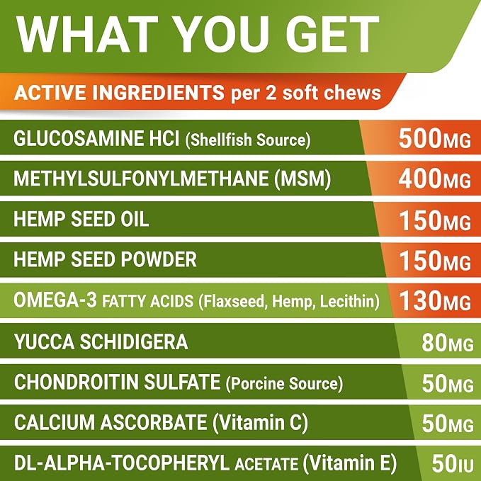 Large Breed Hemp + Glucosamine Dog Joint Supplement - Hemp Chews for Dogs Hip Joint Pain Relief - Omega 3, Chondroitin, MSM - Advanced Mobility Hemp Oil Treats for Large Dogs - Made in USA - 240 Ct