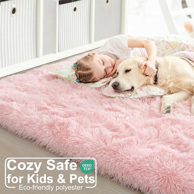 Amdrebio Pink Area Rugs 8x10 for Living Room, Large Fluffy Shag Rug for Bedroom, Kids Room Decor, Big Cute Furry Carpet for Teen Girls, Baby Nursery, Classroom, Soft Fuzzy Cozy Carpets for Playroom