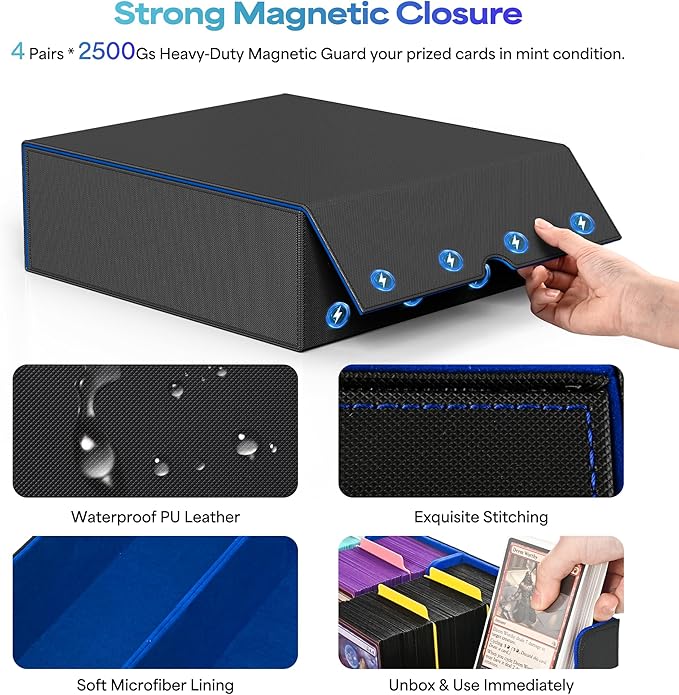 UAONO Trading Card Storage Box, Holds 2400 Sleeved Cards with 24 Dividers & 4 Stoppers, Magnetic Closure PU Leather Card Case for MTG, PTCG, YGO, Sports Cards (Black&Blue)