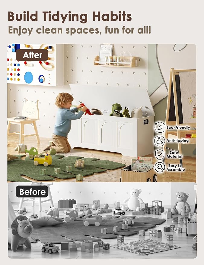 Storage Chest, Wooden Toy Box, White 50.0" L | Extra Large Storage Bench, 2 Soft-close Hinges, Finger-safe Flip-Top Lid, Easy Assembly, Farmhouse Trunk, Living Room/Bedroom