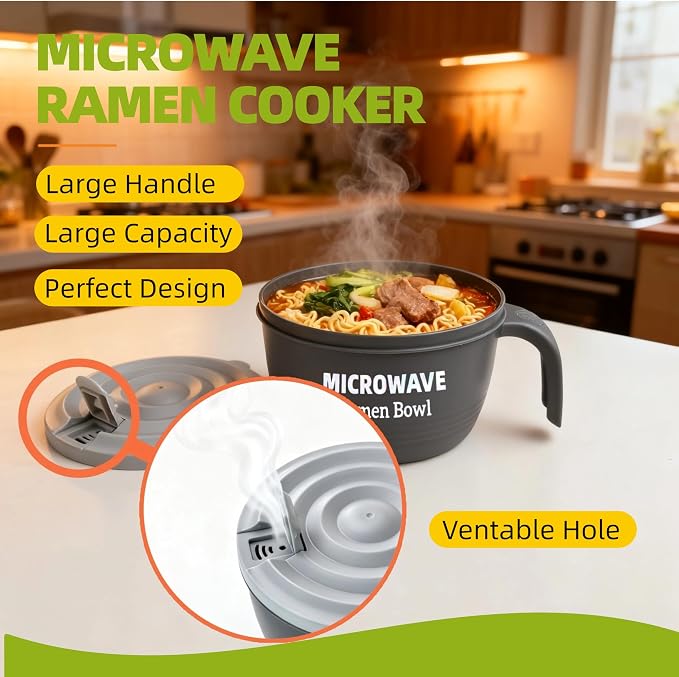 Layron Large Ramen Bowl Set, Ramen Noodle Bowls Microwavable 45 oz, Ramen Cooker, Microwave Pasta Cooker, Ramen Bowl Microwave Gift for College Male Female Dorm Room (grey)