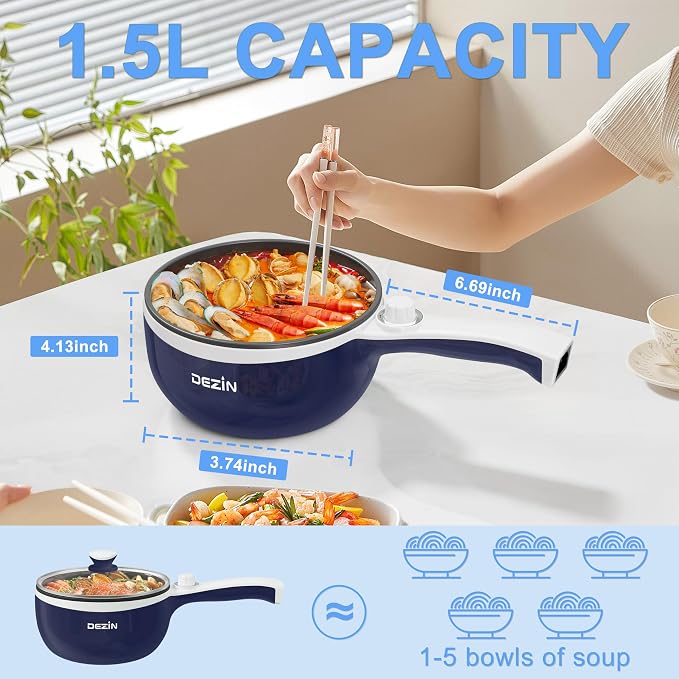 Dezin Electric Pot, 1.5L Non-Stick Portable Hot Pot Electric Upgraded, 700W | Dual Power, Electric Pot for Cooking Steak, Egg, Oatmeal, Mini Ramen Cooker for Dorm, Travel, Camping, RV, Office, Navy Pan