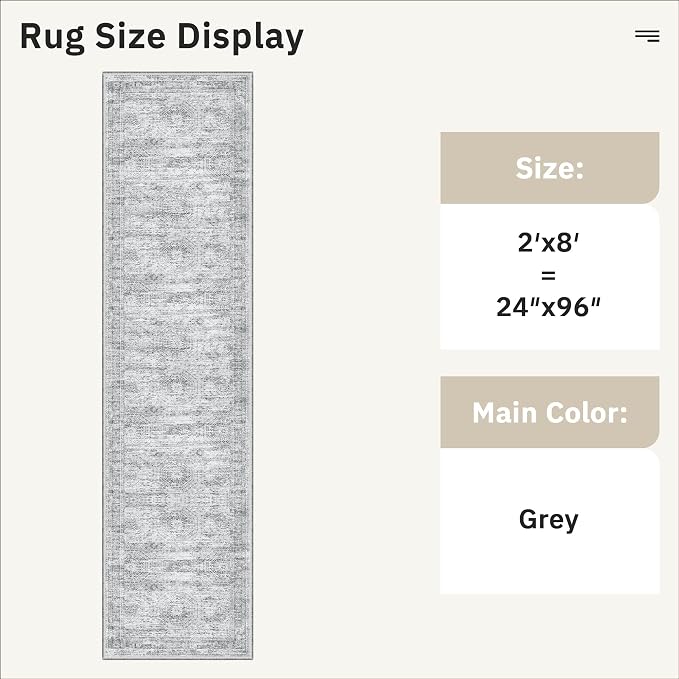Soalmost Runner Rug 2x8 Washable Non-Slip Hallway Kitchen Runners Grey | Stain Resistant Vintage Rugs for Bathroom Laundry Room, Low Pile Foldable Floor Carpet Mat for Entryway Corridor Bedroom