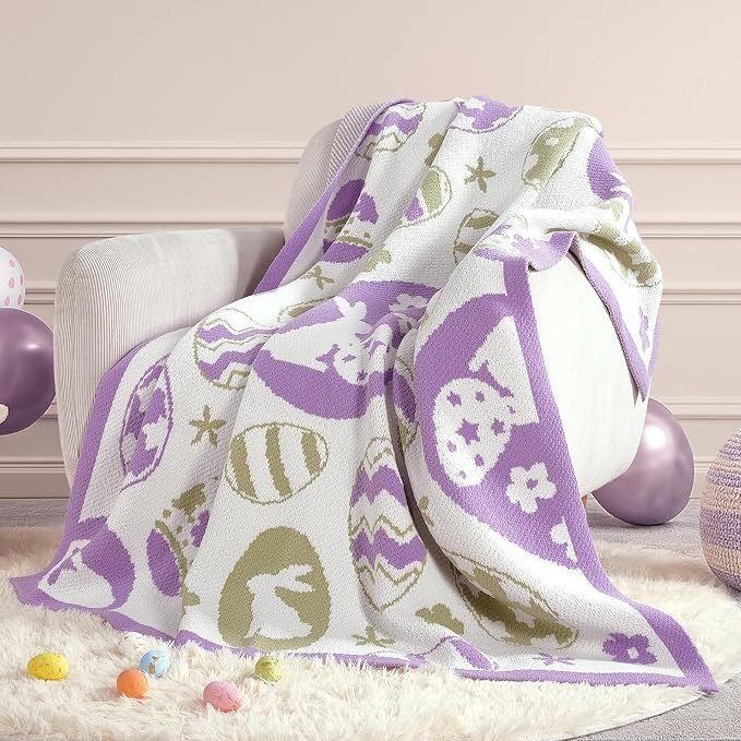 Animal Chenille Throw Blanket for Couch, Bunny and Eggs Knit Throws, Cozy Soft Summer Party Themed Blankets for Sofa, Bed, Gift & Decor, 50"x60", Purple/Green