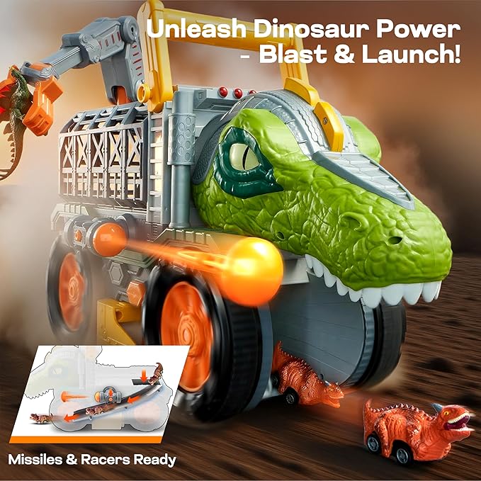 JOVA Vroomix Dinosaur Toy for Toddlers 2 3 4 5+ Year Old, Extra Large Dinosaur Monster Truck with Figures, T-Rex Toy with Launcher and Darts, Crane Arm & Tunnel, Jurassic Toy for Boys Birthday Gift