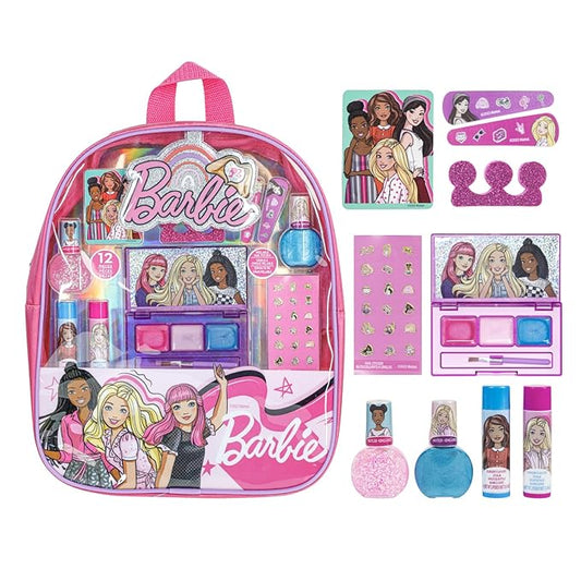 Barbie Makeup Filled Backpack Set, Including Lip Balm, Nail Polish, Nail File, Hair Bows Ages 3+ for Parties, Sleepovers Makeovers, by Townley Girl