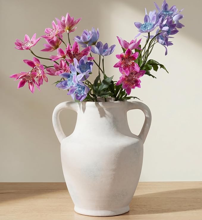 Ceramic Flower Vase with Handles, 8.66 inch Tall Ceramic Vase Farmhouse Rustic Vases Decorative Pottery Vases for Home Decor Living Room Bookshelf Table Centerpiece Desk Bathroom Fireplace, White