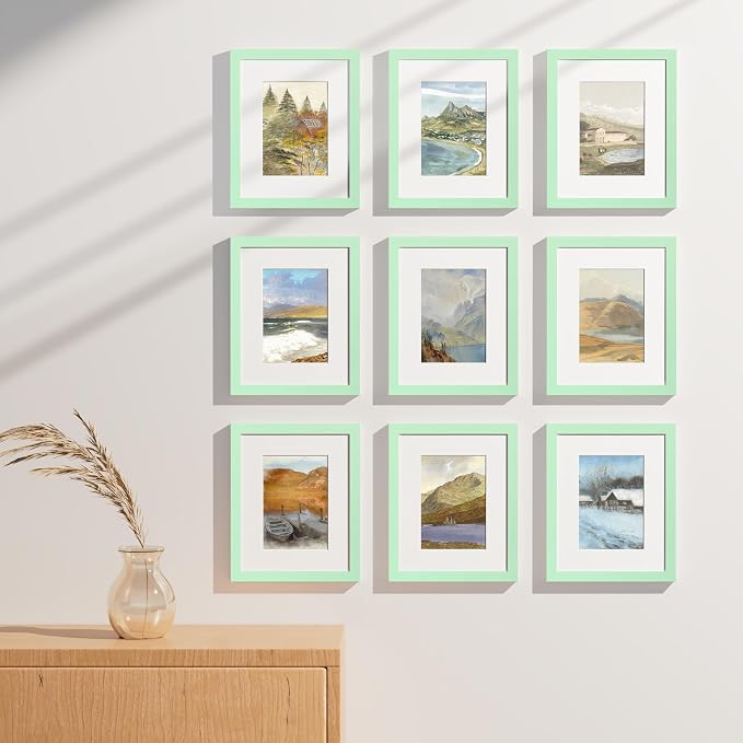 Vittanly 8x10 Picture Frames Set of 9, Wall & Tabletop, Light Green | Display Pictures 5x7 with Mat or 8x10 without Mat, Small Photo Frames, Engineered Wood with Shatter Resistant Plexiglass