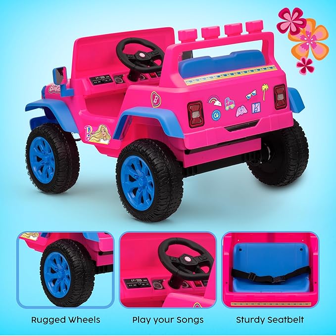 Barbie - 12V Kids Ride-On Jeep with Rechargeable Battery, LED Headlights, Press-Button Start, Durable Wheels, Forward & Reverse Drive, Contoured Seat