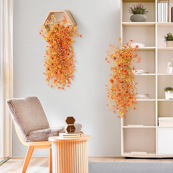 Artificial Fall Flowers for Decoration Fake Hanging Flowers Outdoors Decor | 2PCS Faux Mums Silk Flower UV Resistant No Fade for Autumn Outdoor Home Planter Porch Patio Yard Garden(Orange Golden)