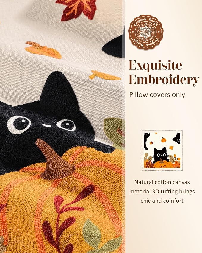 Fall Embroidered Throw Pillow Cover 18x18 Inch, Cat Pumpkin | Decorative Pillow Cover, Fall Cushion Cases with Hidden Zipper, Autumn Halloween Decor for Couch, Sofa, Living Room