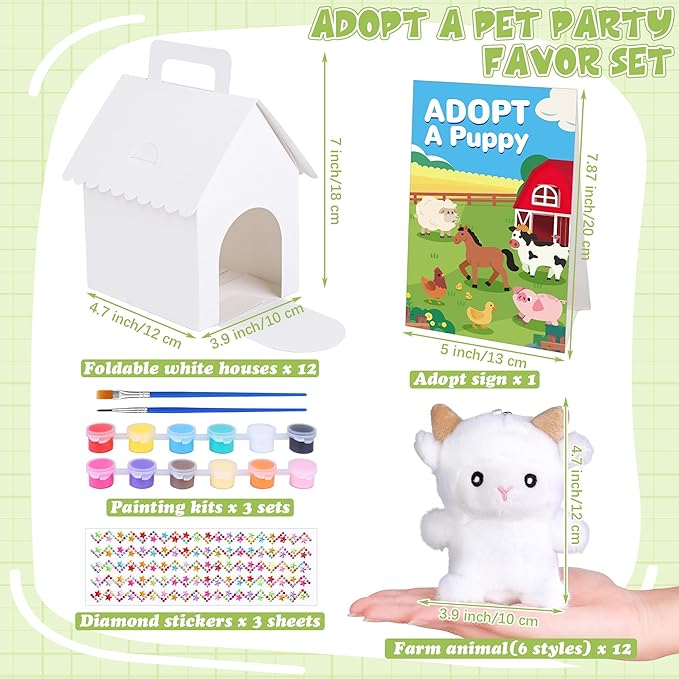 31 Pieces Farm Animal Puppy Party Favors 12 Mini Plush Farm Animals with Keychain Include Adopt a Puppy Sign DIY White House, Paint Brushes Stickers for Birthday Xmas DIY Craft Party Gifts