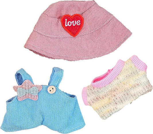 Doll Clothes for 17cm Dolls, Cute Outfit Set with Accessories, Bucket Hat and Overalls (No Doll) (Blue Overalls Set)