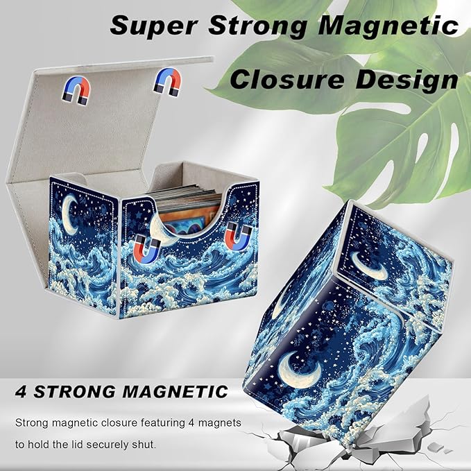 Card Game Storage Box TCG Deck Box MTG Card Box Organizer Trading Card Case Commander Deck Box TCG Card Storage Box Magnetic Closure Creative Pattern Up to 200 Cards, Blue Sky,Sea,Moon