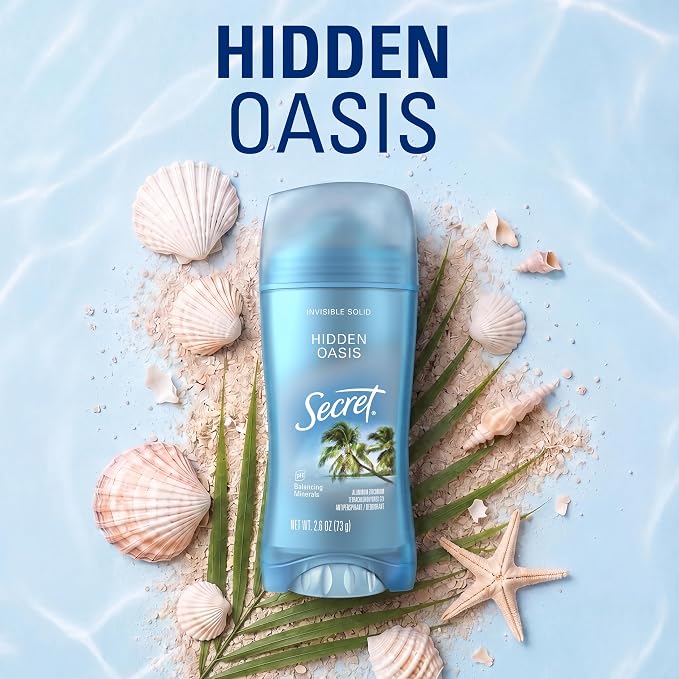 Secret Fresh Antiperspirant Deodorant for Women, 72hr Breathable Sweat & Odor Protection, Instant Freshness & Gentle, PH Balancing Minerals, Invisible Solid, Hidden Oasis Scent, 2.6 oz