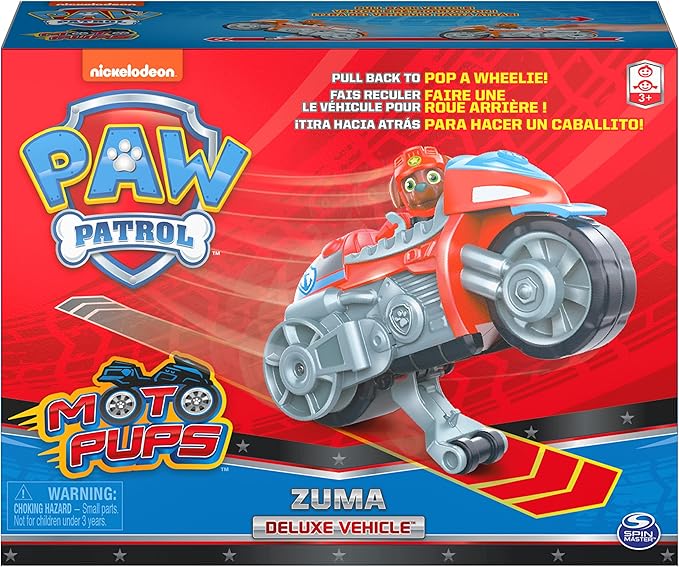 Paw Patrol, Moto Pups Zuma’s Deluxe Pull Back Motorcycle Vehicle with Wheelie Feature and Toy Figure