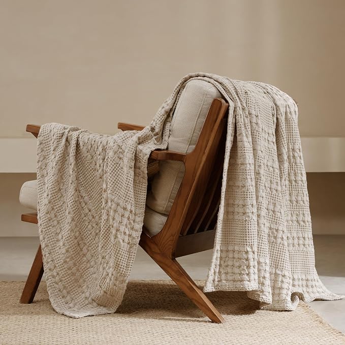 PHF 100% Cotton Waffle Weave Throw Blanket, Lightweight Breathable Summer Blanket for Couch Sofa, Pre-Washed Soft Throws for Bed, Office, Travel & Stylish Home Decor, 50"x60", Light Taupe/Oatmeal