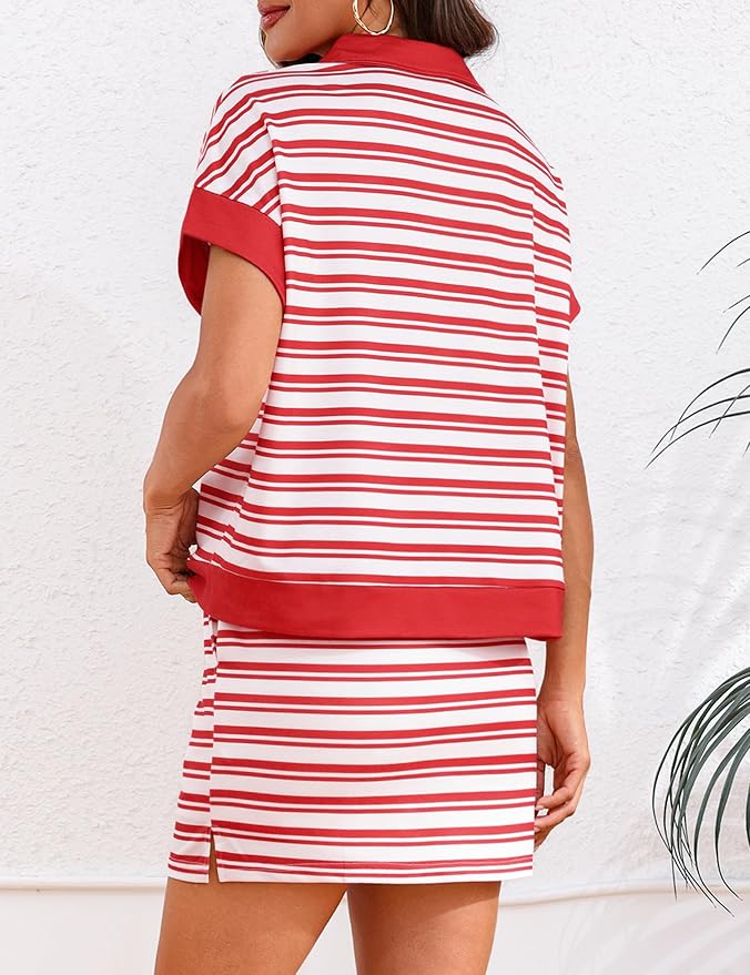 Womens Striped 2 Piece Outfits Skirt Set Summer Casual Short Sleeve Polo Skort Workout Set Matching Lounge Sets