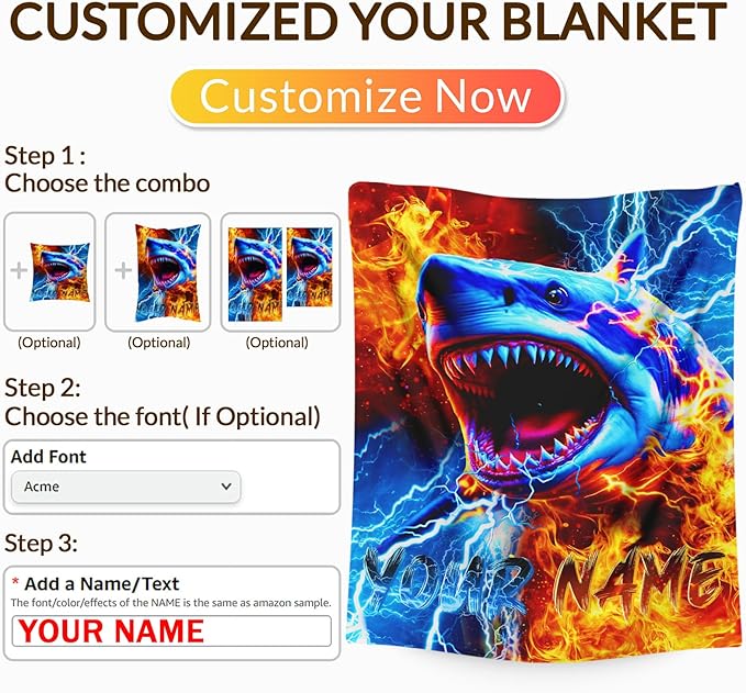 Boys Shark Blankets Personalized Throw Blankets for Kids Teens, 60x80 Inches Lightweight Comfy Custom Throw for Sofa Chair Bed Office Home Decor