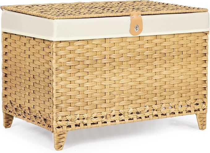 Wicker Storage Basket with Lid, 160L Shelf Basket with Removable Liner Bag | Rattan-Inspired Woven Design, Elevated Feet, Storage Trunk for Wardrobe, Bedroom & Home Organization