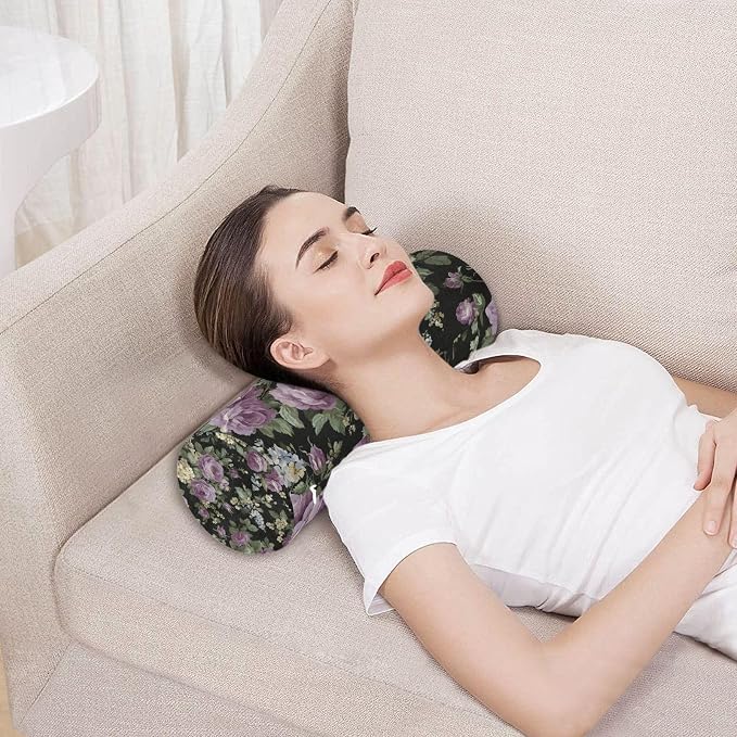 Vintage Purple Roses Neck Roll Pillow Bolster Round Health Memory Foam Long Cervical Cylinder Pillows with Removable Washable Cover for Body Bed Legs Back Yoga