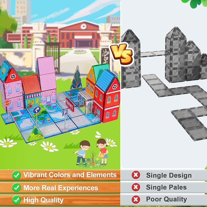 Magnetic Tiles Toddler Toys Fairytale Town Road Set, Magnetic Blocks Montessori Sensory Educational Learning Building Magnet Toys for 3 4 5 6 Year Old Boys Girls, Kids Preschool Classroom Must Haves