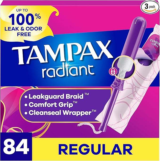 Tampax Radiant Tampons for Women, with LeakGuard Braid, Regular Absorbency, Unscented, 84 Count (3 Packs of 28), Packaging May Vary