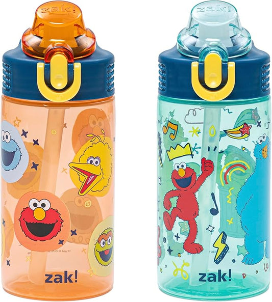 Zak Designs Sesame Street Sage Kids Water Bottle For School or Travel, 16oz Durable Plastic Water Bottle With Straw, Handle, and Leak-Proof, Pop-Up Spout Cover, 2-Pack Set (Elmo & Friends)