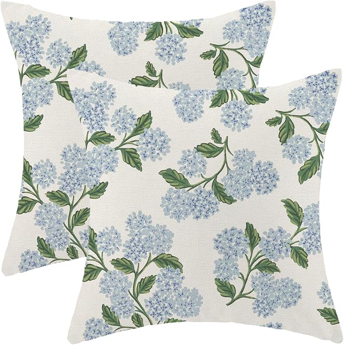AEIOAE Spring Pillow Covers 16x16 Inch Set of 2, Green Blue Hydrangea Flower Throw Pillows Case,Floral Summer Outdoor Seasonal Decorative Farmhouse Decor Cushion Covers for Home Sofa Bed Couch