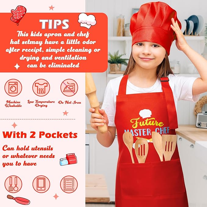 R HORSE 2Pcs Kid Apron and Chef Hat Set, Adjustable Children Red Kitchen Toddler Apron for Girls, Cooking Baking Painting and Training Kits Role Play Chef Toy Funny Cooking Gift Birthday Gift for Kids