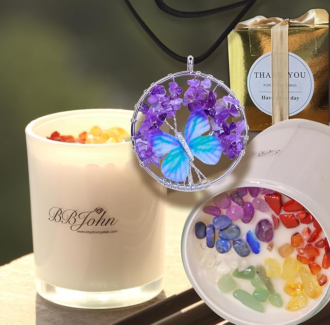 Chakra Crystal Candle Bundle with Tree of Life Pendant, Manifestation Intention, Healing Crystals Gemstones, Meditation, Aromatherapy, Natural Soy Wax (Crystal Candle + Tree of Life Pendant)