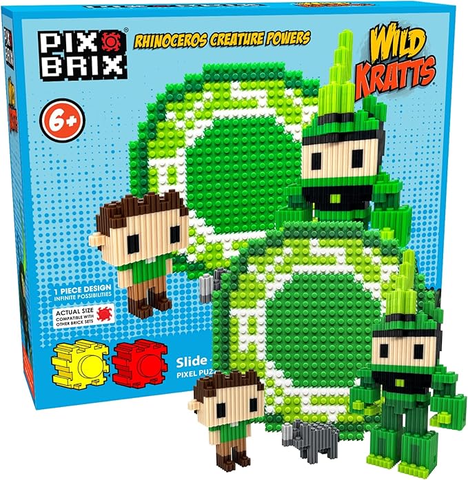 Pix Brix - Wild Kratts Pixel Art Kit - Rhinoceros, 1344 Pieces - Patented Slide + Stack Pixel Puzzle Building Bricks, Build & Collect Wild Kratts Creature Powers - Stem Toys, Ages 6 Plus