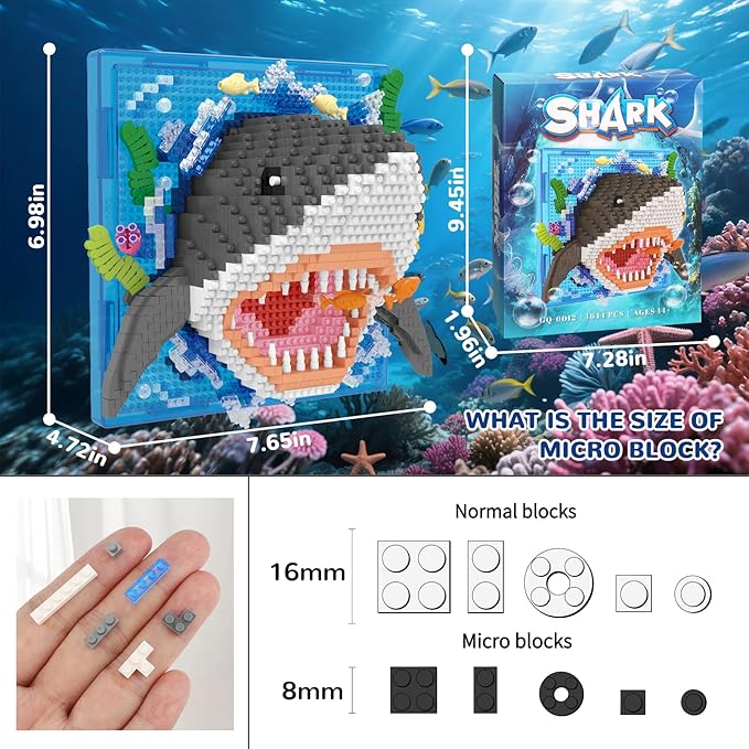 Shark Animal 3D Wall Art Micro Mini Building Blocks Set, Unique Home Wall Decor or Table Display, No Compatible with Lego Set, Ideal Gift Toy for Adults Boys Girls (1644 PCS)
