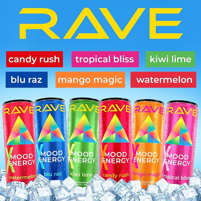 RAVE Mood Energy Drink is Mind Blowingly Different. With Mood-Boosting Functional Mushrooms, Nootropics, Adaptogens & B Vitamins. Experience Mind & Body Rush! 225mg Caffeine - Electrolytes - Zero Calories - 6 Delicious Flavors - 12 fl oz – 12 Pack