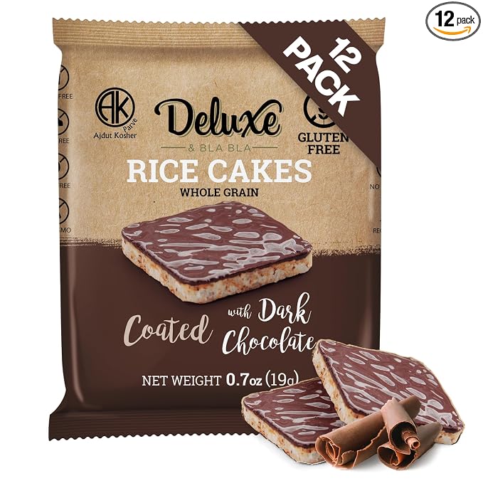 Deluxe & Bla Bla Chocolate Covered Rice Cakes 12 Pack – Whole Grain, Gluten-Free, Kosher, Low-Calorie Snack – Coated with Dark Chocolate – Healthy & Crunchy Treat – Individually Wrapped, (19g Each)