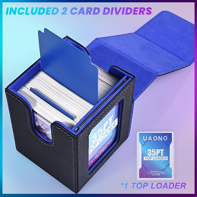 UAONO Card Deck Box with MTG Commander Display, Deck Case Holds 100+ Double-Sleeved Cards, Trading Card Storage Box Fits TCG/PTCG/Sports Card with 2 Dividers, 1 Top Loaders (Black, Blue)