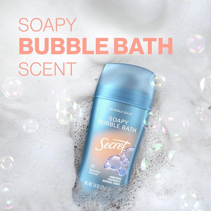 Secret Fresh Antiperspirant Deodorant for Women, 72hr Breathable Sweat & Odor Protection, Instant Freshness & Gentle, PH Balancing Minerals, Invisible Solid, Soapy Bubble Bath Scent,2.6 oz,(Pack of 2)