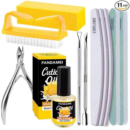 FANDAMEI Nail Buffer and File, Nail Care Kit with 3PCS Nail Files, 2PCS Nail Buffers, Rectangular Nail Buffer Block, Cuticle Nipper, Cuticle Pusher, Peeler. Cuticle Oil Milk and Honky Nail Manicure