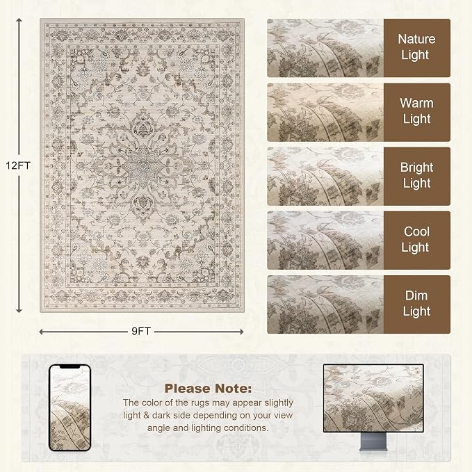 Area Rugs 9x12 Living Room Rug: Washable Rug Soft Vintage Distressed Floral Carpet Indoor Non-Slip Stain Resistant Large Carpets for Bedroom Dining Room Farmhouse Nursery Home Office Brown Beige