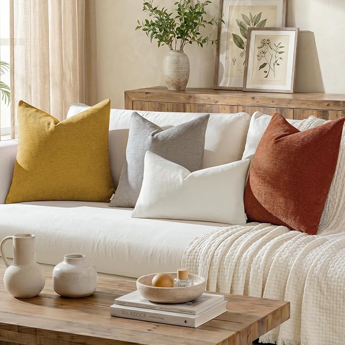 a moment Fall Decorative Throw Pillow Covers Pack of 2,24x24 Inch Yellow | Twill Chenille Cushion Covers for Sofa Living Room Couch Bed